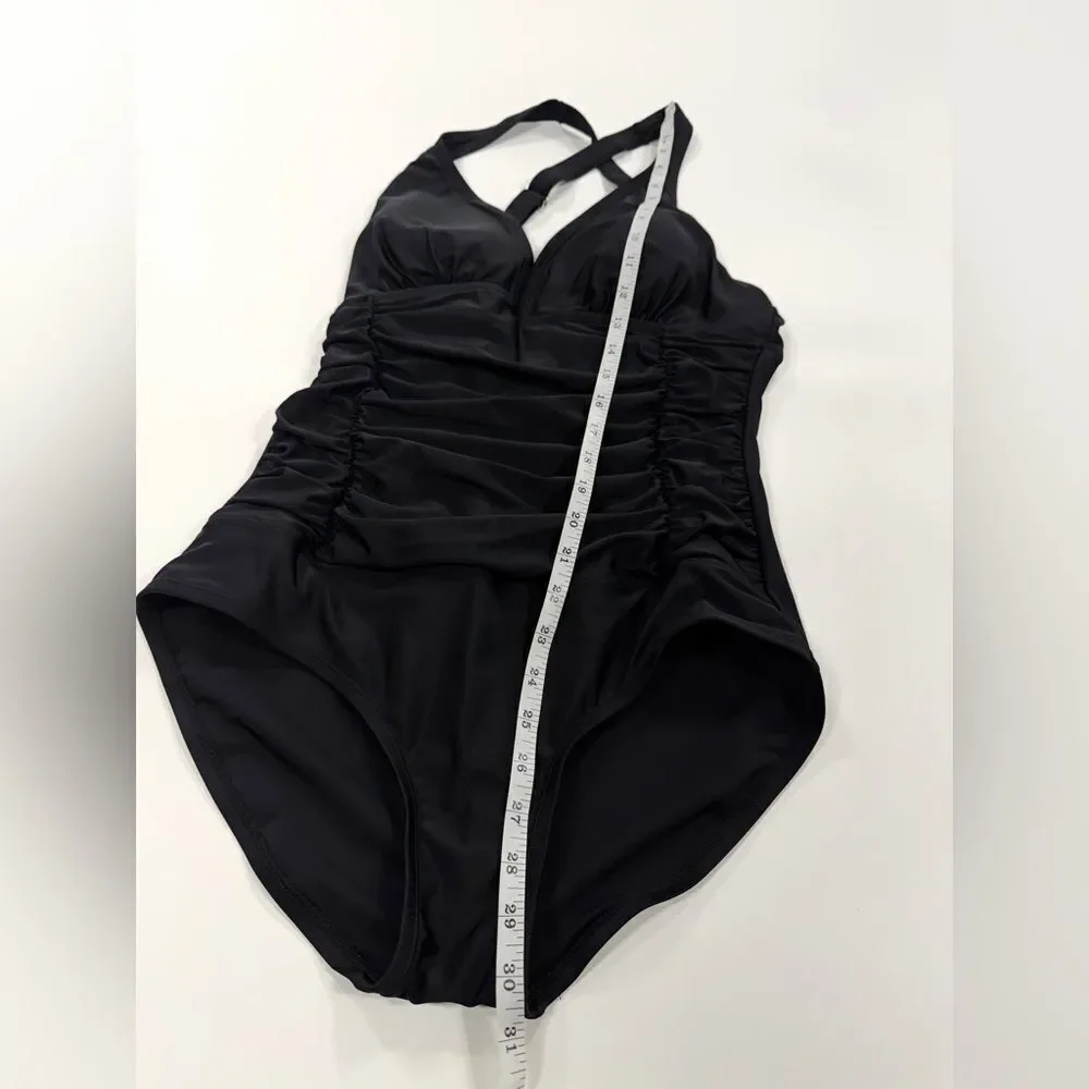 Black Halter One-Piece Swimsuit with ruched waist L
